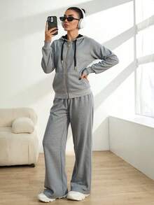 Conjunto de sudadera con capucha y cremallera para mujer - Tela suave y transpirable, diseño con detalles en negro y oro, pantalones de pierna ancha, estilo casual y moderno, ideal para múltiples ocasiones. - flor gris - Ver 4