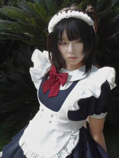 1pc Sweet & Cute Fitted Japanese Maid Cafe Costume, Ruffled Hem Dress + Big Bow Tie + Puff Sleeve Lolita Dress, Suitable For Cosplay Events, Photoshoots, Recommend Pairing With Petticoat