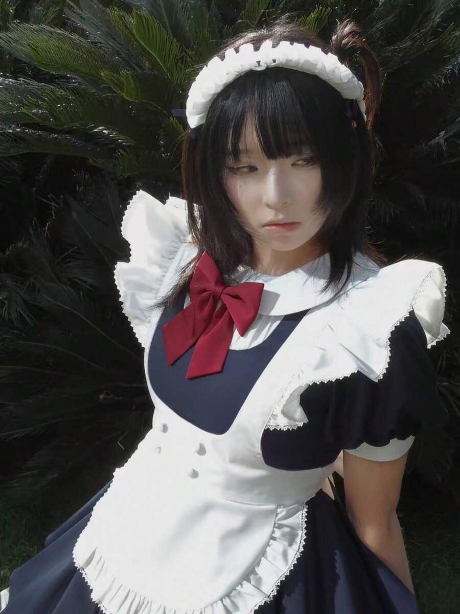 1件甜美可爱修身日式女仆咖啡厅服装，荷叶边下摆连衣裙+大蝴蝶结+泡泡袖洛丽塔连衣裙，适合角色扮演活动、摄影，建议搭配衬裙。