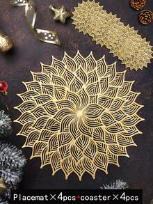 8入組/套中空花紋pvc餐墊(4入)和杯墊(4入),可清洗,易於清潔,可擦拭,防滑,耐熱,適用於假日、婚禮、派對和節日餐桌裝飾