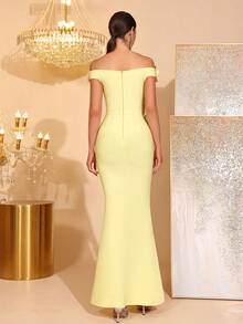 New Sexy Off-Shoulder Luxury Heavy Embellished Pearl Sequin Embroidered Fitted Backless Sleeveless Mermaid Long Dress Elegant Women's Party Gown - Light Yellow - View 7