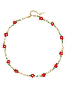 1pc Colorful Beaded Floral Necklace, Cute & Fresh Design, Suitable For Girls Daily Wear, Outings, Layering, Friendship Gift, Mother-Daughter Matching - Multicolor - View 1