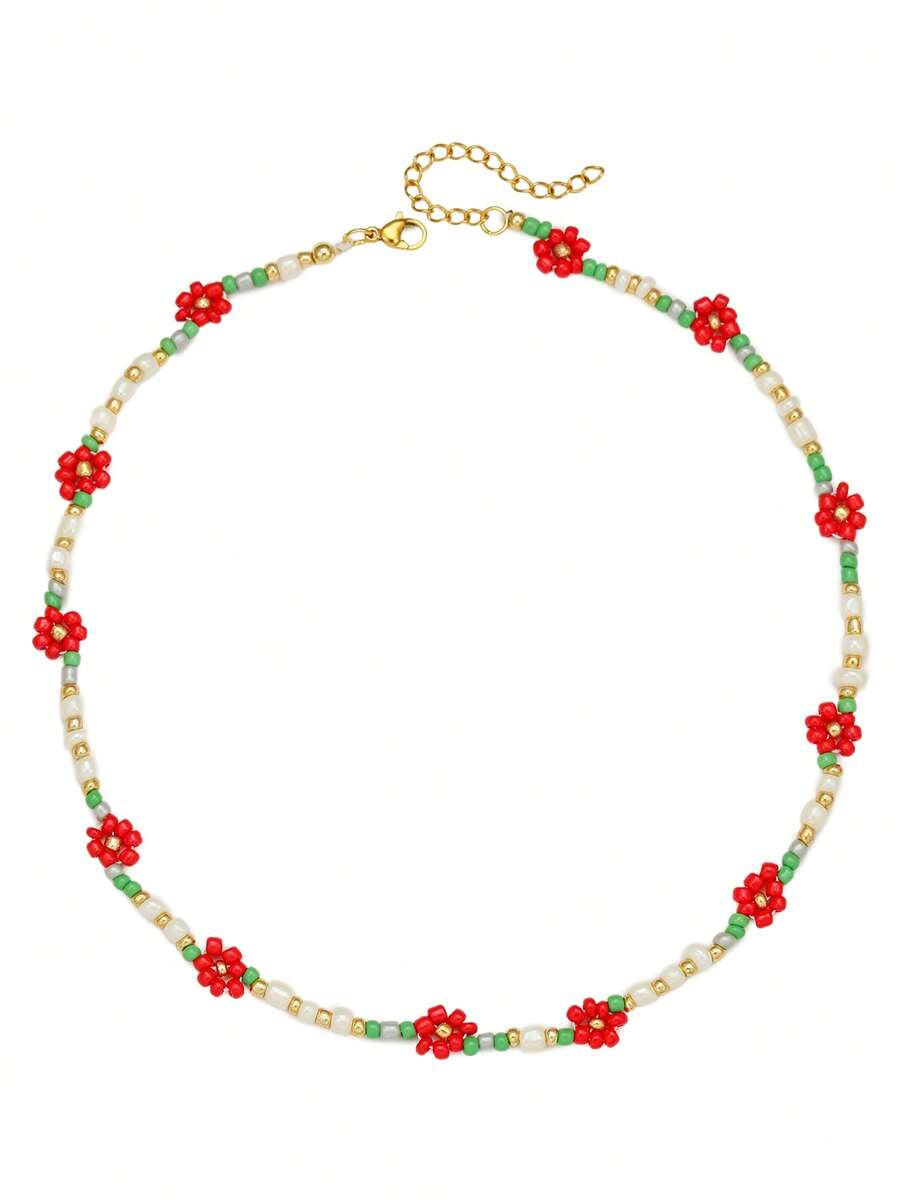 1pc Colorful Beaded Floral Necklace, Cute & Fresh Design, Suitable For Girls Daily Wear, Outings, Layering, Friendship Gift, Mother-Daughter Matching - Multicolor - View 1