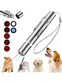 1个/2个猫玩具激光指示器，3种模式：红色激光、紫色光、白色LED手电筒 - USB可充电（60mAh），不锈钢材质，宠物训练和猫咪互动玩具，带5种可切换的红色激光模式，黑光猫尿检测灯，适用于多种场景