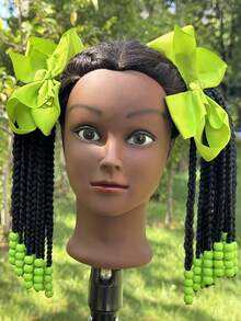 2pcs Kids Ponytail Extension Girls Braids Hair Extensions With Beads Hair Extension Braid Synthetic Hairpieces With Bows Wigs - Natural Black - View 11