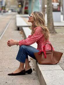 Women's Casual Vintage Street Style Ruffle Hem Plaid Shirt, Spring/Summer - Red - View 8