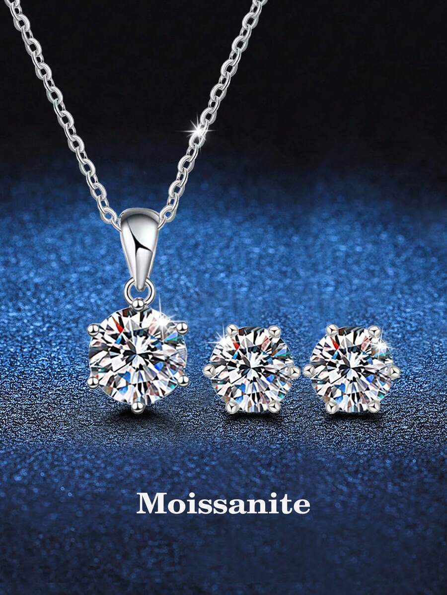 BLOVEMEE 3件套优雅奢华925纯银2克拉莫桑石耳环项链套装，适合女性日常、派对、婚礼、周年纪念等场合佩戴，是馈赠佳品。 - TZ012M - 查看 1