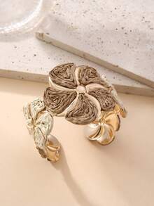 1pc Handmade Exaggerated Floral Paper Yarn Woven Bracelet, Fashionable & Versatile, Suitable For Vacation, Party And Daily Wear - Khaki - View 7