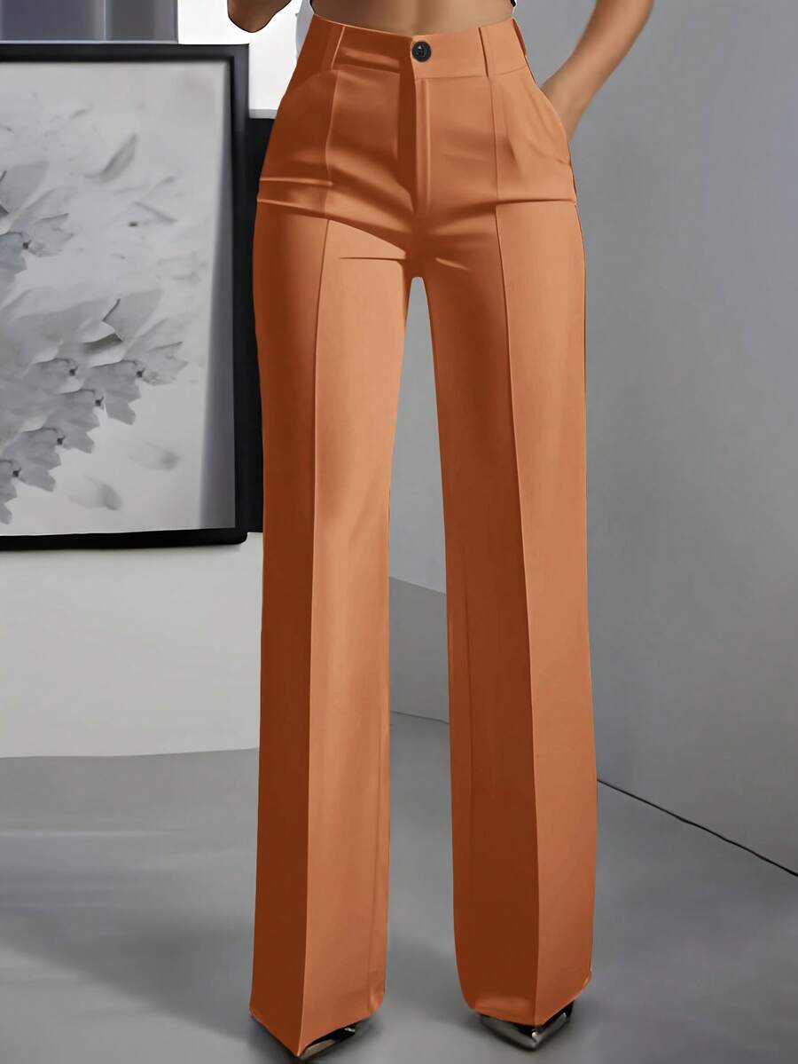 Jessefine Solid Color Zipper Button Suit Fabric Straight Leg Pants, Elegant For Commuting And Office Wear, Multi-Purpose For Spring And Summer
