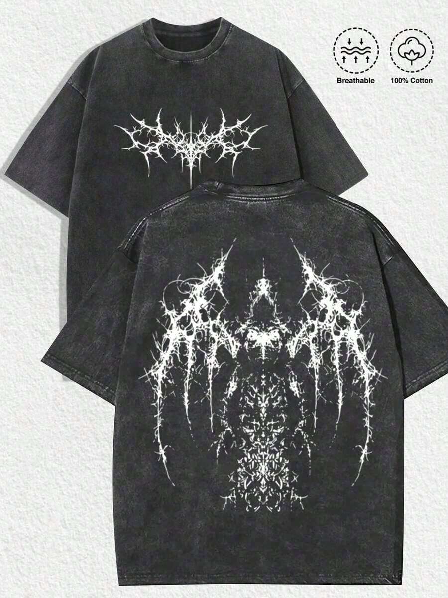 Graphic Tees Men, Thorn Abstract Creature Dark Art Print T-Shirt, Gothic, Edgy, Streetwear, Casual, Horror, For Men - 灰色 - 查看 1