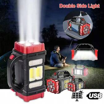 多功能太阳能便携灯，USB充电LED手电筒，USB充电型，带侧灯、泛光灯和聚光灯，手持式手电筒，适合家庭使用、户外活动、露营、钓鱼、徒步旅行、夜间照明。