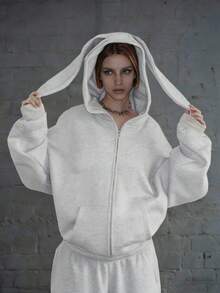 Áo hoodie dáng rộng, dài vừa phải, thiết kế túi khóa kéo hình tai thỏ dễ thương, phù hợp cho mùa thu, đông và xuân, phong cách thường ngày/tối giản/Y2K/công sở, thích hợp mặc hàng ngày, đi nghỉ mát, đi học, ở nhà hoặc dạo phố. - Màu Xám nhạt - Xem 3