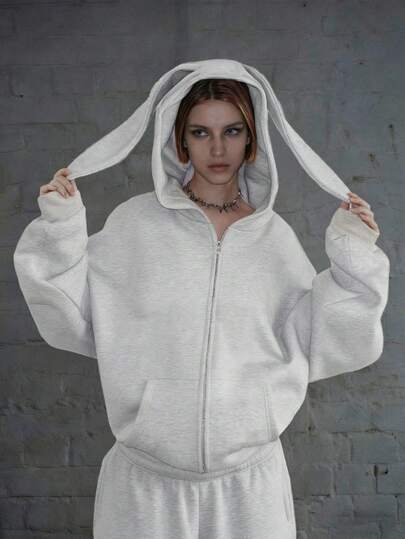 Oversized Regular-Length,Cute Rabbit Ears Zip-Up Placket Pocket Hoodie For Fall&Winter&Spring,For Daily/Holiday/School/Home/Street,Casual/Simple/Y2K/Office