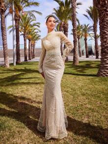 Faeriesty Haute Glamour Luxury Sequin Mermaid Evening Gown With Sheer Long-Sleeve Top & Cascading Pearl & Crystal Embellishments - Beaded Waist & High Neckline Design For Galas, Destination Weddings, Met Gala, & High-End Parties