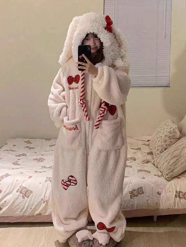 1 pieza Bata con capucha de felpa de coral con estilo de dibujos animados lindo con orejas de conejo y lazo rojo - Bata con capucha de felpa de coral cálida de invierno con diseño de animal de dibujos animados, con bolsillos grandes y puños, regalo de Navidad, vestido de salón de manga larga de felpa gruesa con botones, ropa de dormir y hogar para mujer de otoño/invierno