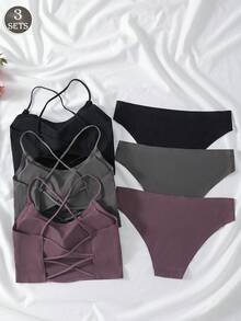 3件套女士透气交叉露背无钢圈文胸套装 - 彩色 - 查看 1