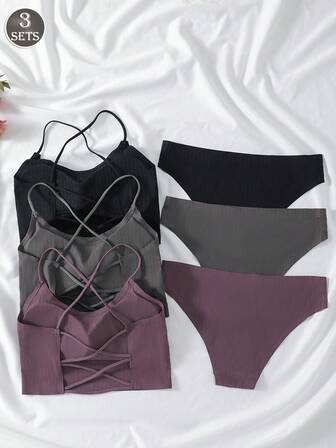 3 قطعة/طقم أسطوانة بحمالة ظهر مفتوحة لون نسائي للتهوية، صدرية لاسلكية