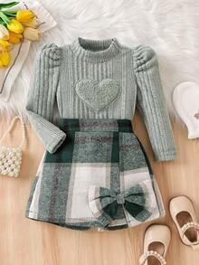 Baby Mädchen Mode Lässig Süß Set, Herz Stickerei Puffärmel Stylisches T-Shirt + Schleife Karomuster Skort