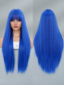NAMM 28Inch Extra Long Straight Blue Wigs For Women Gorgeous Nature Looking Wigs With Full Bangs,High Density Fluffy Synthetic Heat Resistant Fiber Hair,Goth Costume Wig For Anime Cosplay Wear, Music Festival Party Use - 藍色 - 查看 4