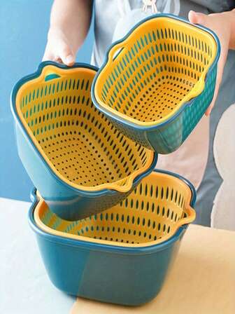 6pcs/Set Double Layer Drain Basket Plastic Mesh Basket, Multi-Functional Kitchen & Living Room Fruit & Vegetable Cleaning Storage Bowl, Washing Vegetable Basket, Suitable For Everyday Home Kitchen
