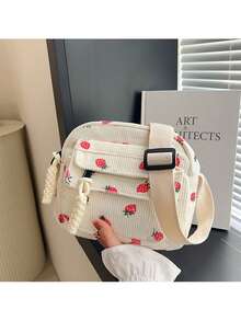 حقيبة صغيرة كورية الطراز من القطيفة الجديدة مع طباعة الفراولة ذات الخطوط الرفيعة، حقيبة هاتف نمطية عصرية للحمل عبر الجسم