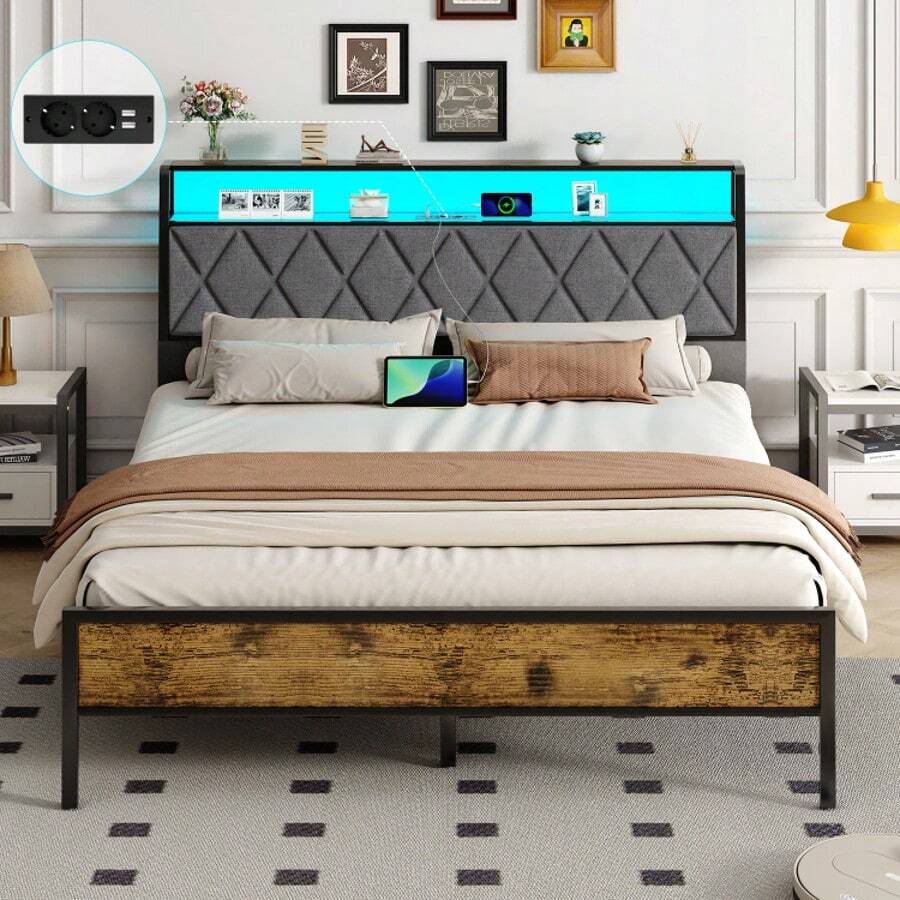 JANZDIYS 140x190 Cm Bed With Metal Frame – Under-Bed Storage – LED Lighting – Double Bed For Adults & Teens – Black