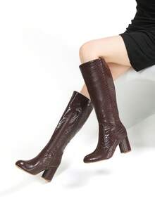 女士高筒靴，圆头时尚粗跟高跟靴，百搭休闲及膝靴，秋冬 - 棕色 - 查看 1