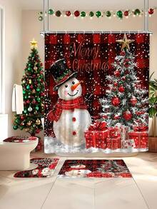 4 pezzi Set di decorazioni natalizie invernali: Tenda da doccia lavabile con motivo pupazzo di neve e albero, include 12 ganci, copriwater a forma di U antiscivolo e tappetino da bagno, adatto per decorazioni natalizie per casa e bagno, regalo