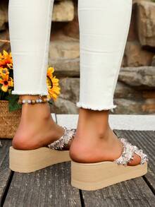 2024 New Women Slip-On Sandals, Leather Upper Slouchy Slippers, Wedge Heel Thick Sole - Multicolor - View 2