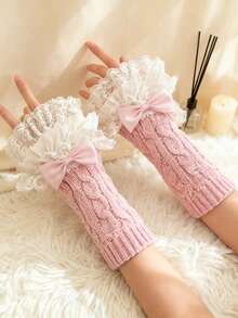 1 pieza Duradera y suave al tacto, estas mangas con lazo de encaje están adornadas con ribete de encaje y lazos. Perfectas para combinar con un vestido dulce para citas o fiestas.