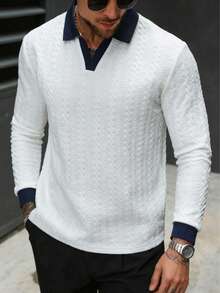 男士V领Polo衫，弹力提花面料，修身长袖针织运动服 - 白色 - 查看 4