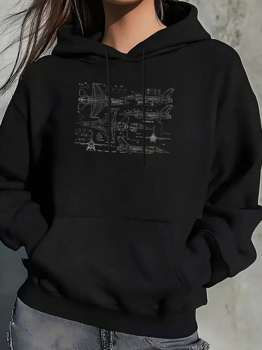 F16 Jet Aircraft Fighter Jet Blueprint Design Hoodie, Autumn Winter Plus Size Casual Pullover For Travel, Aviation, Outdoor And Daily Wear - 黑色 - 查看 1