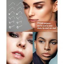 MTLEE Nose Ring Chain Piercing Across Double Nose Stud CZ Heart Ball L Shaped Stainless Steel Piercing Jewelry Nostril Chain For Women Men{"Color_name":"Silver"} - silver - 查看 4