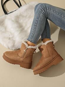 Women's Fashion Lightweight Versatile Warm Fur Collar Snow Boots, Anti-Slip Lightweight Sole, Fur Lining Warm Boots, Casual Faux Fur Winter Warm Boots, Thick Fur Lining Warm Breathable Comfortable Zipper Boots