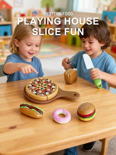 8Pcs Kids Western Food Cutting Play Set - Reusable Adhesive Pretend Play Kitchen Toys, Simulation Pizza Hamburger Hot Dog, Educational Picnic Toy Gift For Boys & Girls