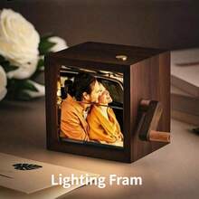 Custom Handmade Flip-Style Photo Frame With Lighting, Personalized Wooden Hand-Cranked Animation Box, Displays 8 Or 16 Photos, Beechwood/Black Walnut Frame, Commemorative Photo Album, Suitable For Couples, Birthdays, Anniversaries, Christmas And Other Occasions.