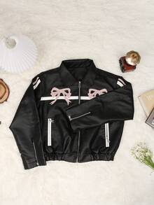 Y2K 街头撞色条纹结饰刺绣拉链前落肩宽松翻领 PU 皮革休闲春秋机车飞行员机车夹克外套音乐节