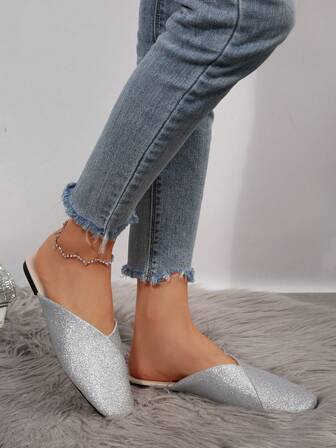 Women's Solid Color Bohemian Elegant Fashion Asymmetrical Flat Leather Slip-On Loafers, Slippers For Home Wear, All Seasons