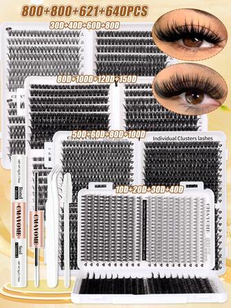CMAYOME 621/640/800 件簇状 D 卷曲单根睫毛大容量家用 DIY 套装，带粘合剂和密封的假睫毛，镊子，睫毛膏棒套装，DIY 分段睫毛大容量初学者友好，自然逼真的假睫毛带粘合胶水工具包，柔软舒适的睫毛延长套装