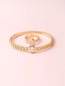 一套女士新款欧美风14K镀金复古微镶双排锆石极简搭扣手链和戒指套装 - 金色 - 查看 4