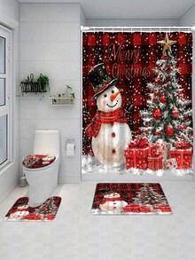 4 pezzi Set di decorazioni natalizie invernali: Tenda da doccia lavabile con motivo pupazzo di neve e albero, include 12 ganci, copriwater a forma di U antiscivolo e tappetino da bagno, adatto per decorazioni natalizie per casa e bagno, regalo