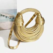 Popular Personalized Woven Handmade Bends And Hitches Packs Ramen Dumplings Clouds Women Hand-Carrying Crossbody Bag,Chic Circular Woven Handle Bag - Metallic Gold Finish, Stylish Party Accessory Hand-Woven Bread Women's Clutch Top Handle Satchel Shoulder Crossbody Creative Noodles Purses Underarm Bag Handbag , Gold Bag - 金色 - 查看 5