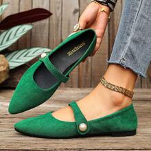 新款秋季女士套脚鞋，绒面尖头套脚百搭工作乐福鞋 - 墨綠色 - 查看 3