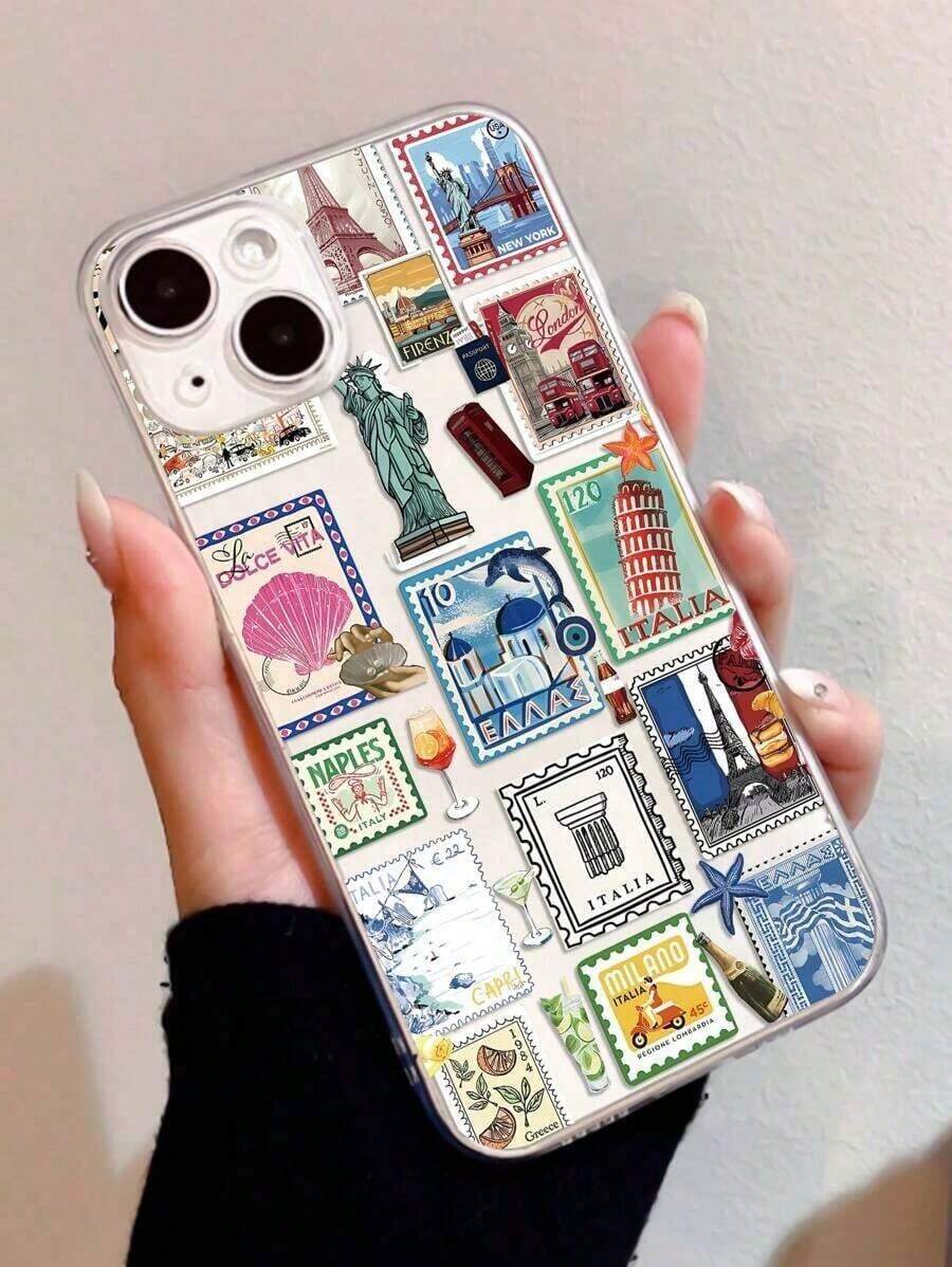 1pc Travel 1pc Fashionable Stamp Collage Graphic Transparent TPU Fingerprint-Proof Soft Phone Compatible With 16 ProMax/16/16 Pro/16 Plus/11/15/15 Pro/15 ProMax/12/13/14 ProMax/XS/XR/11 Pro/11 ProMax/12 Pro/12 ProMax/13 Pro/13 ProMax/Plus/14 Pro/14 ProMax/14 Plus/Plus/8 Plus/8/SE2/12/13, Anti-Yellowing Waterproof Shockproof Anti-Fall Scratch Resistant Phone Cases Summer  17 Pro Case  17 Plus Case  15 Case  16 Case  16 Plus Case - 1pc - 查看 1