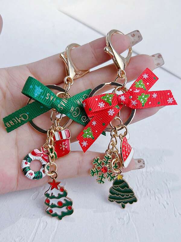 1pc (Random Style) Bowknot Christmas Tree Keychain, Holiday Atmosphere Christmas Car Key Chain, Exquisite Bag Decoration Pendant