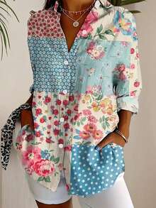 ii Plus Size Casual Floral Print Collar Blouse Top - Multicolor - View 1