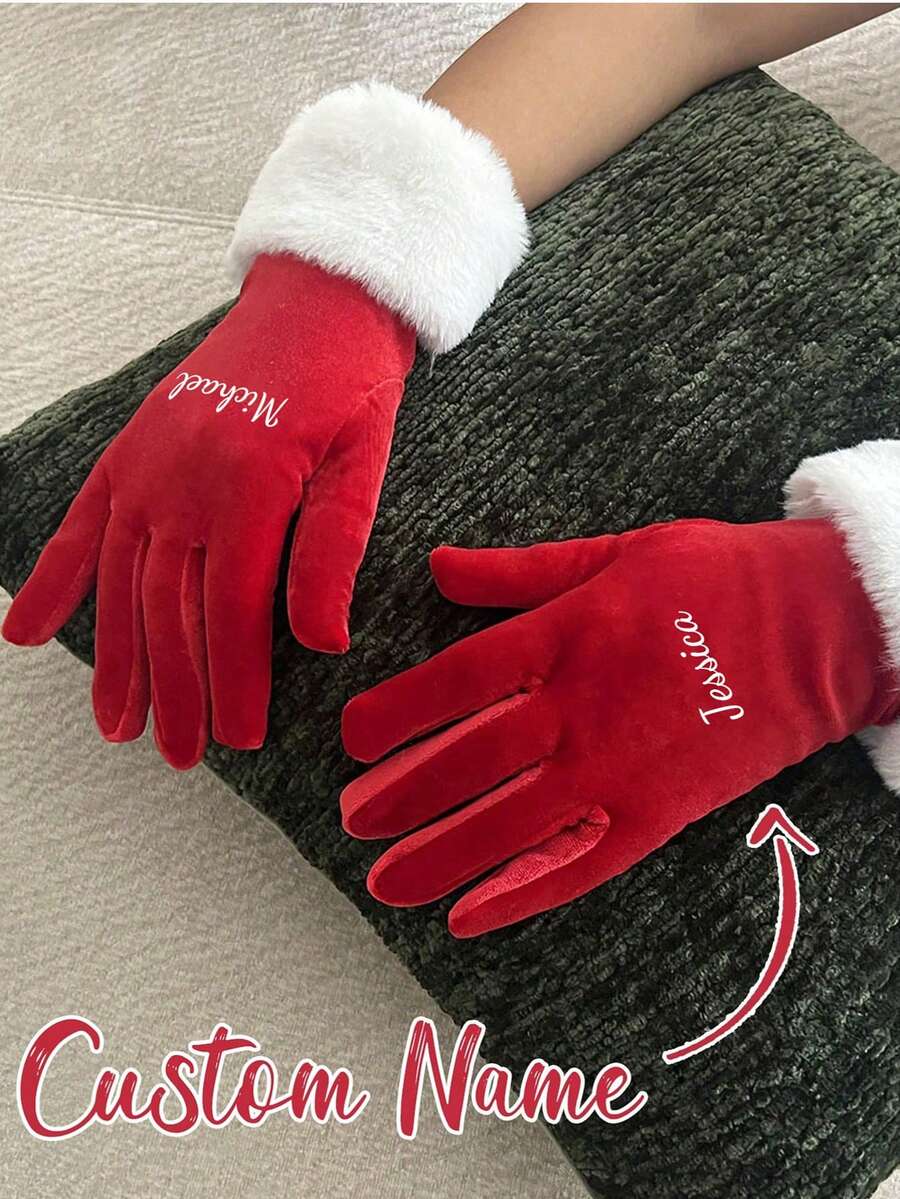 Guantes de Navidad de terciopelo personalizados y personalizados, con ribete de piel sintética para mujeres: guantes festivos de dedo completo elásticos, de unicolor, tejidos en jacquard, guantes decorativos y cálidos de poliéster para invierno, uso al aire libre, cosplay, escenario, fotografía - lavables a mano - Multicolor - Ver 1