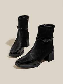 Qiluyuan Women's Fashion Ankle Boots, Short Boots For Autumn/Winter, New French Elegant Personalized Western Style With Buckle & Side Zipper, Suitable For Holiday Party, Christmas, Valentine's Day, Date, Casual, Office, Square Toe Block Heel Leather Strap Decor Ankle Booties, Wine Red, Black - Black - View 8