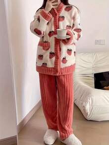 2pcs/Set Coral Fleece Pajama Set, Warm & Cozy Winter Sleepwear, Plush Soft Loungewear, Two Pieces Set Outfits, Fall Winter Clothes
