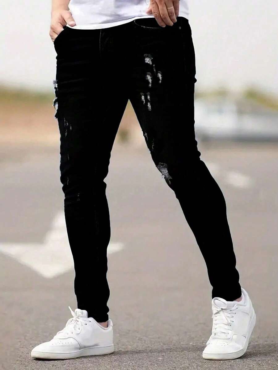 Men's Regular Fit Casual Solid Color Stretch Jeans - Black - View 1